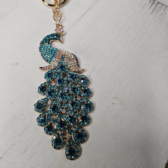 Large Blue color Rhinestone Peacock Bag Charm or Key Chain - Picture 2 of 4